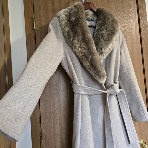 Lauren Ralph Lauren Wool Blend Faux Fur Collar A-Line Belted Coat - Picture 4 of 15